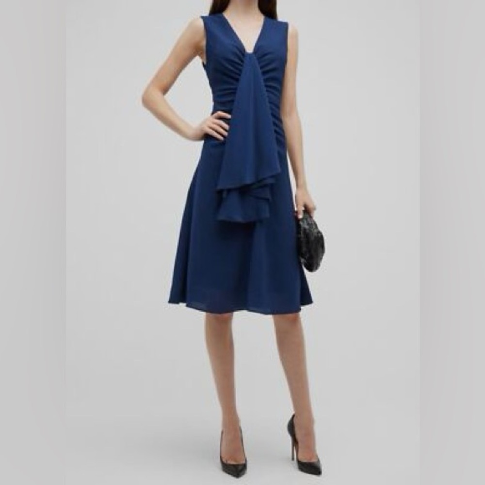 Black Halo | Kenji A-Line V-Neck Sleeveless Midi Dress Navy Sz 4 Evening Event